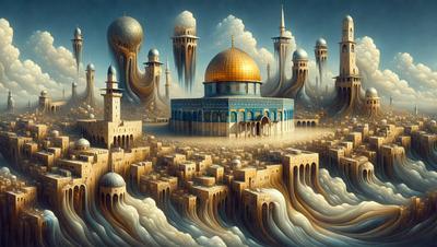 The primary subject of the image is a large, ornate building with a gold dome, which appears to be a mosque. The setting is a cityscape with a sky background, and the visual style is a combination of digital art and illustration. The colors and mood of the image are vibrant and lively, with a focus on the intricate details of the mosque and its surroundings.
